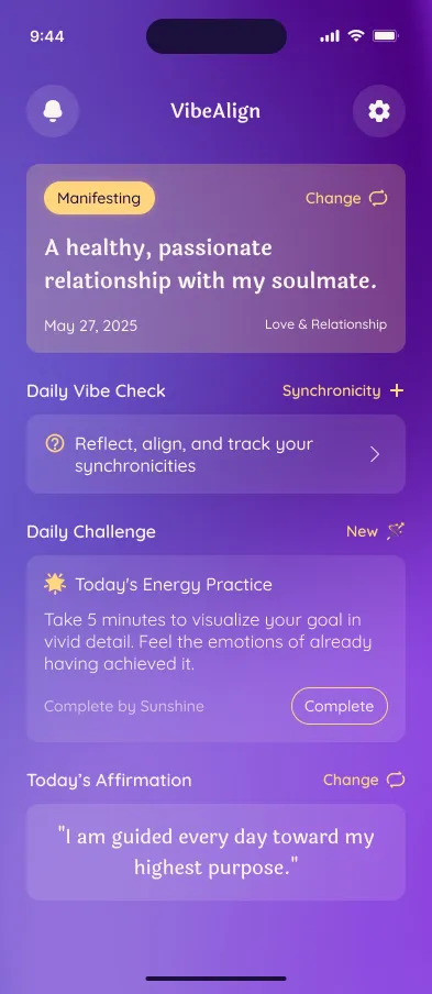 VibeAlign home screen showing a manifestation, daily vibe check, challenge and affirmation